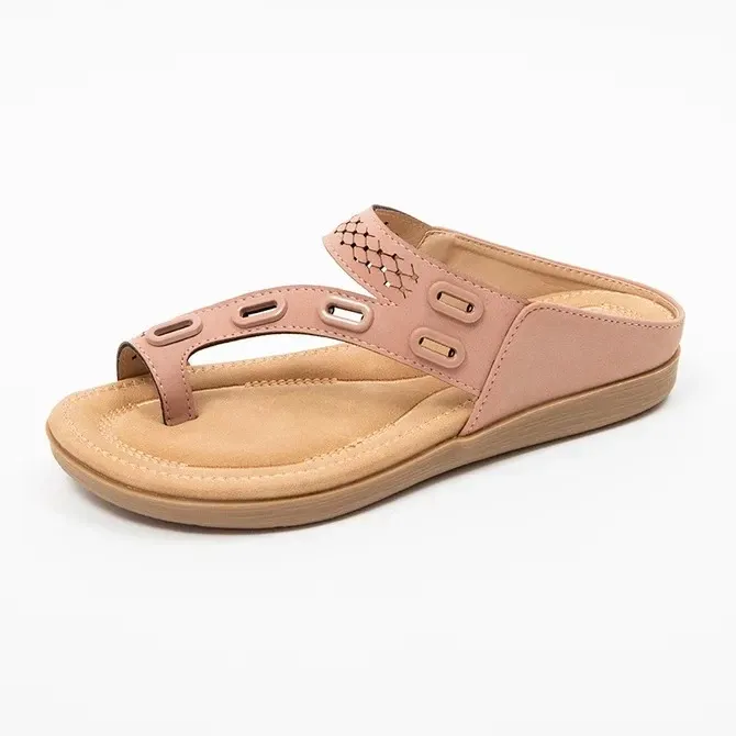 Leather and metal stitching flat casual women's shoes - Pink