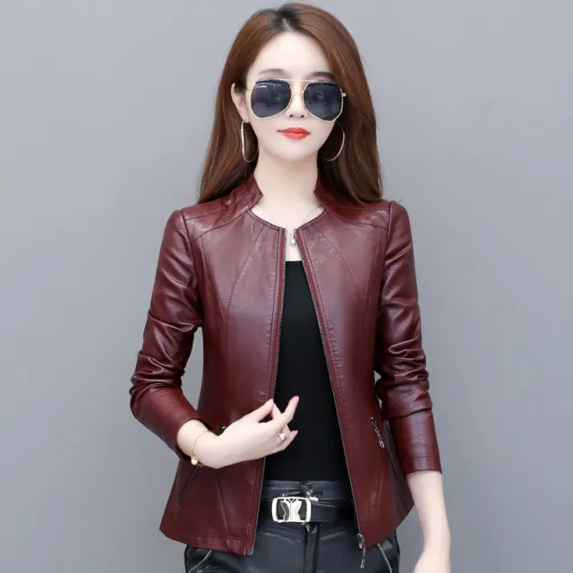 Korean slim leather jacket Wine Red - Shop at LoveMi