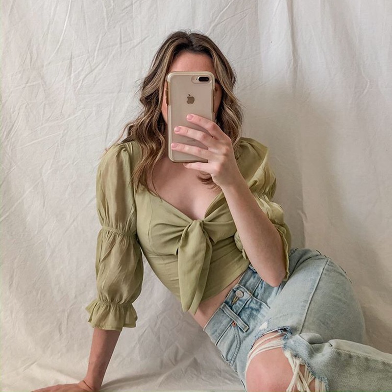 Bowknot spliced sleeve solid color top