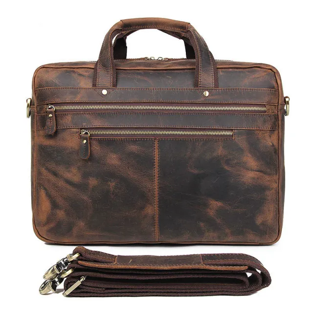 Vintage leather men's bag crazy horse leather briefcase Brown - Shop at LoveMi