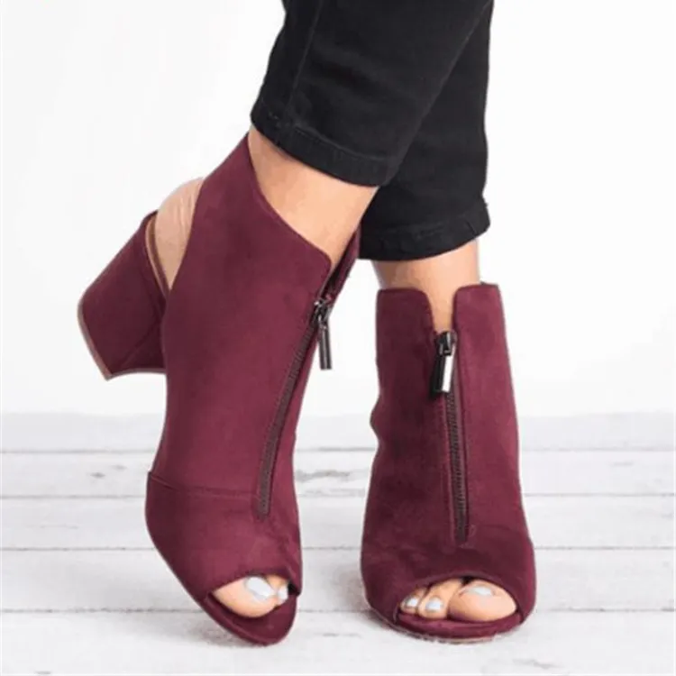 Fish mouth thick heel women's sandals - Wine