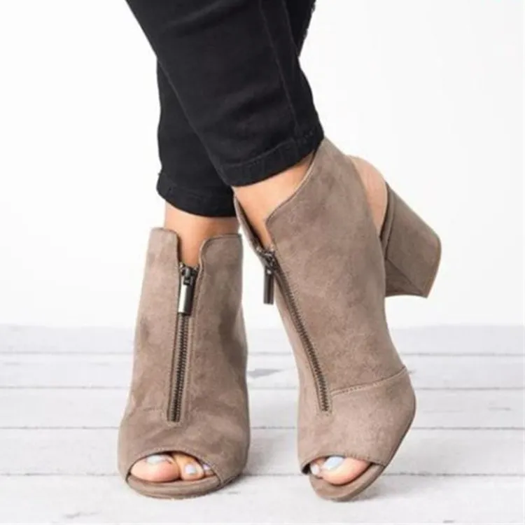 Fish mouth thick heel women's sandals - Grey