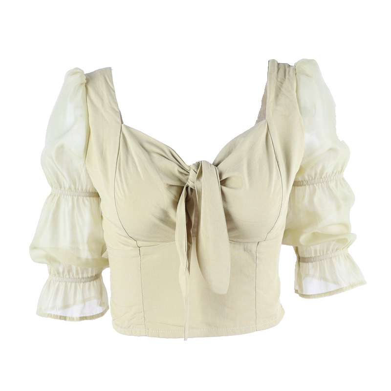 Bowknot spliced sleeve solid color top