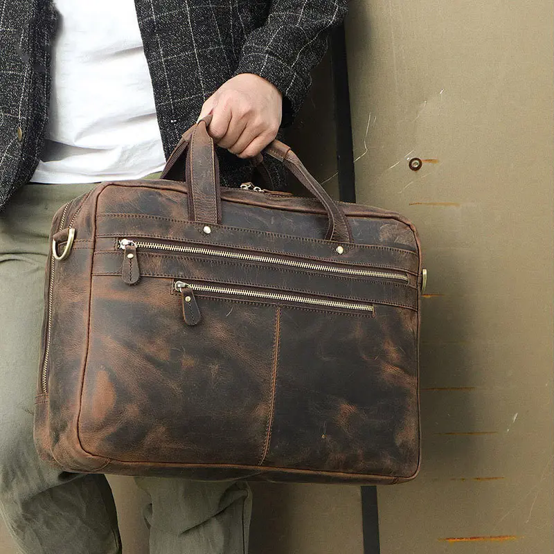 Vintage leather men's bag crazy horse briefcase
