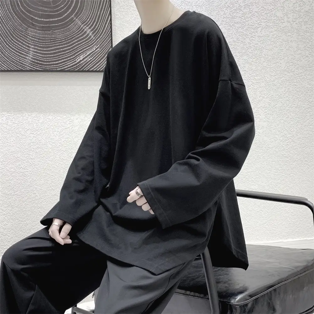 Simple casual trend men's fashion slit long sleeve t-shirt