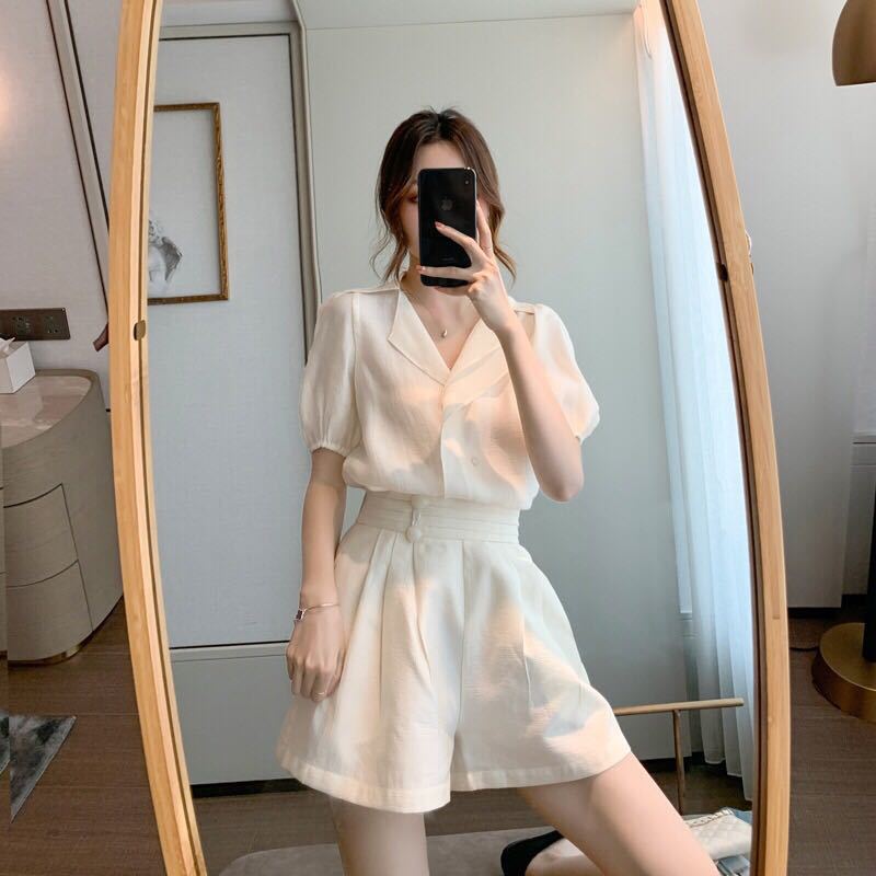 Retro little chiffon top + shorts two-piece suit