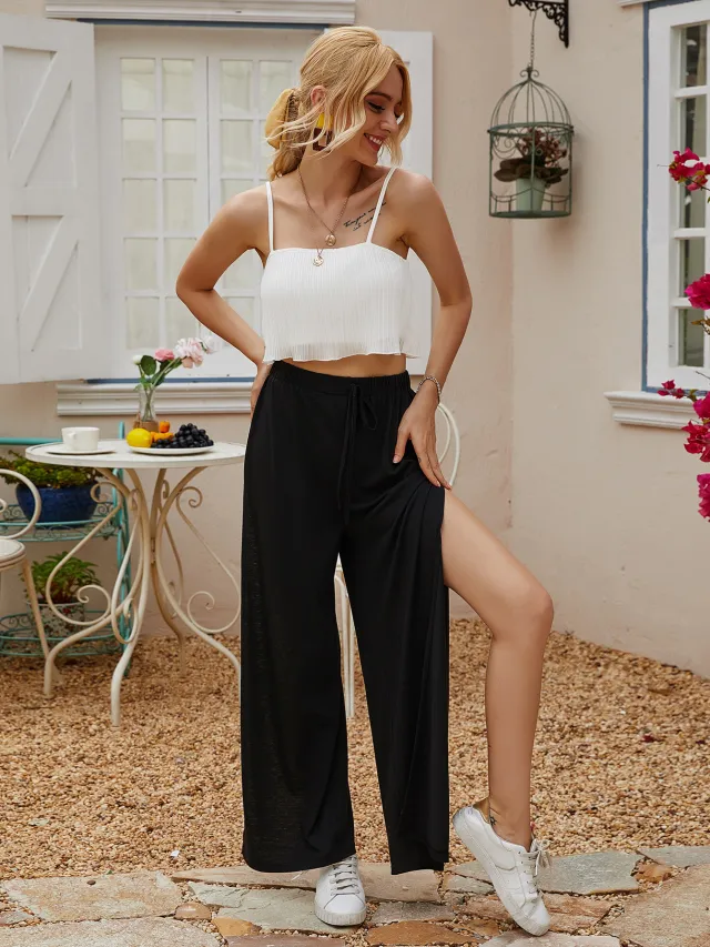 Solid color high waist casual wide leg split pants Black - Shop at LoveMi