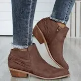 Round toe hand woven belt single short boots Brown - Shop at LoveMi