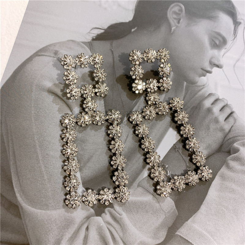 Square Hollow Full Rhinestone Big Earrings