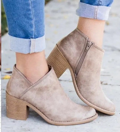 New retro mid-heel short boots - Khaki