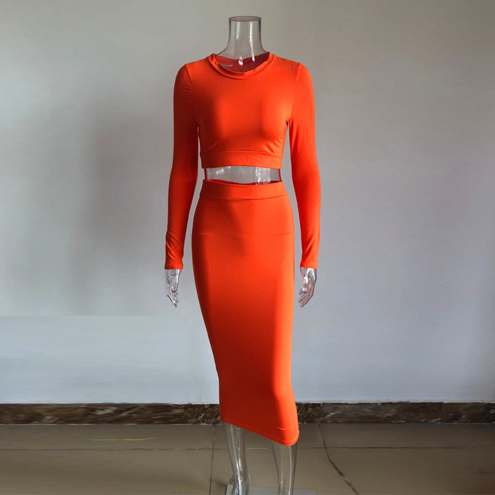 Two-piece long-sleeved top and mid-length skirt