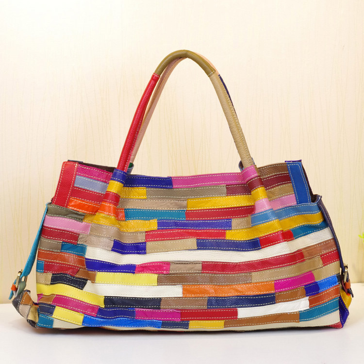 Striped stitching bag shoulder bag Colourful L - Shop at LoveMi