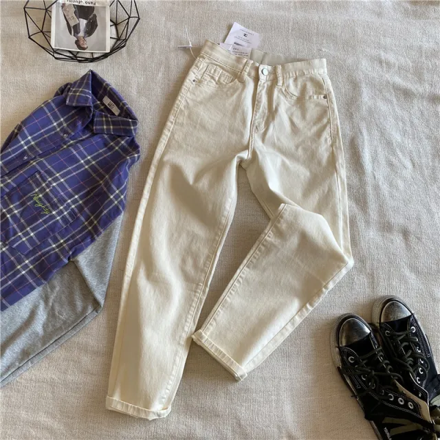 Thin high waisted denim trousers White - Shop at LoveMi