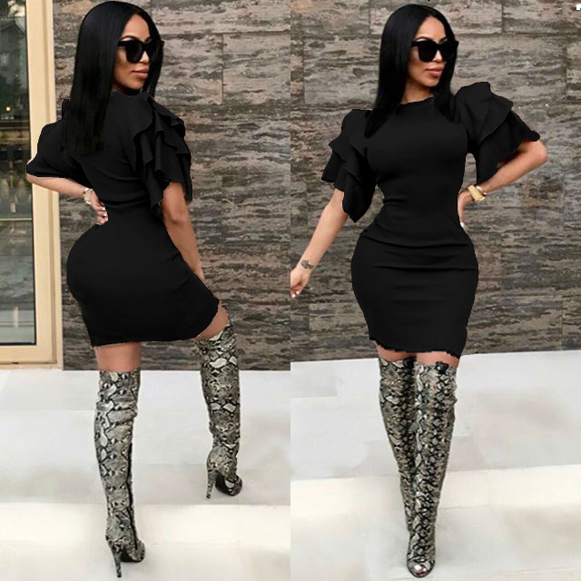 Round neck lotus sleeve pencil skirt