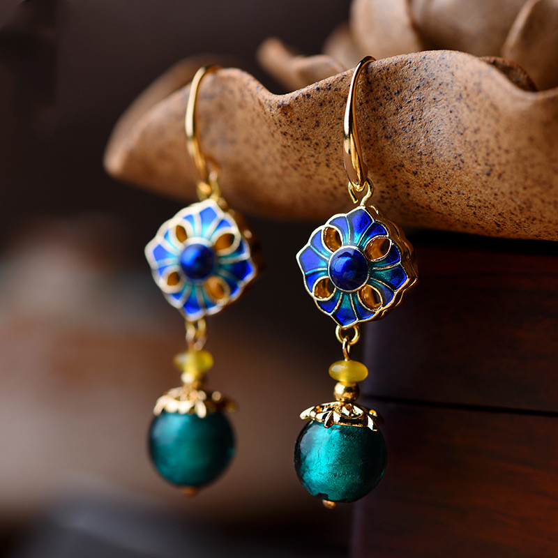 National style glazed blue earrings