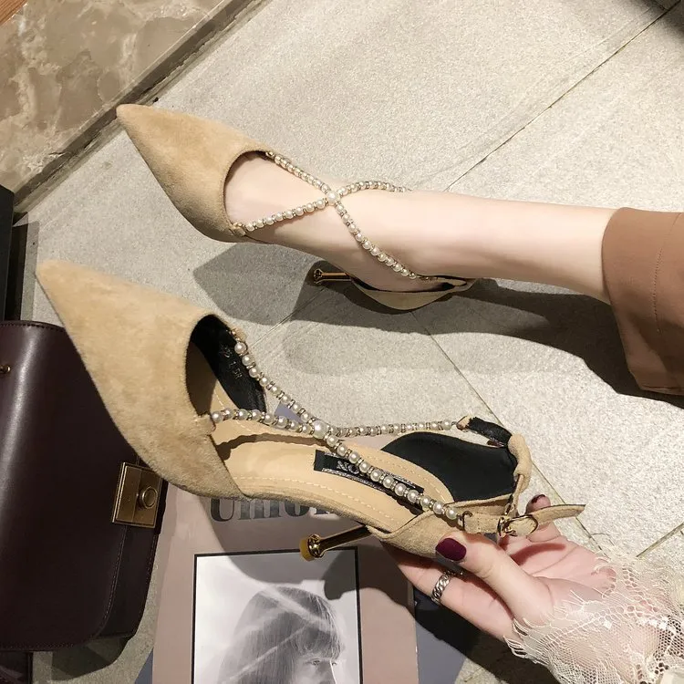 Suede rhinestone pointed sandals stiletto heels - Khaki