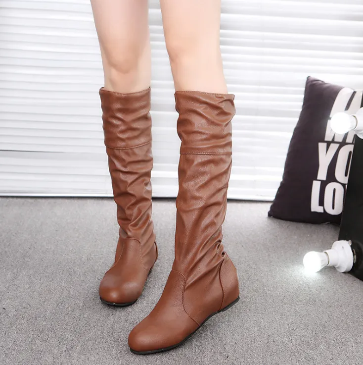 Solid color pleated high leather boots - Brown