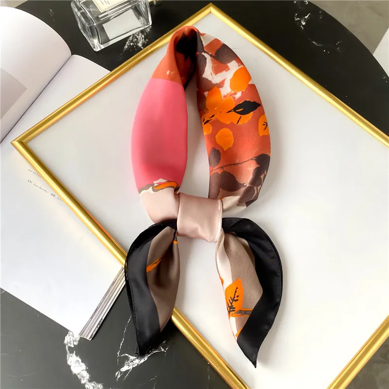 70x70cm leaf pattern silk scarf - Orange Black