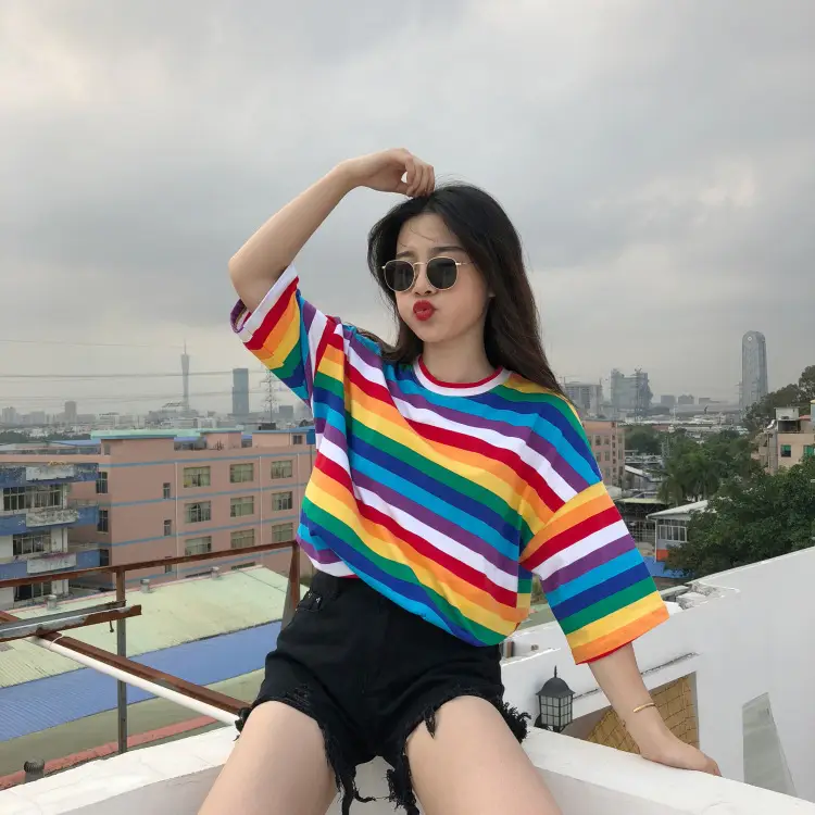 T-shirt women's mid-length rainbow contrast stripes