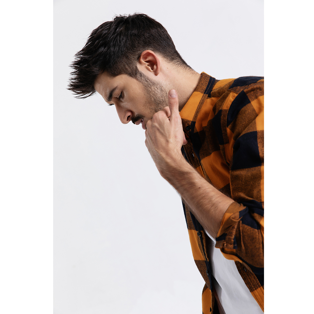 Brushed casual plaid long-sleeved shirt