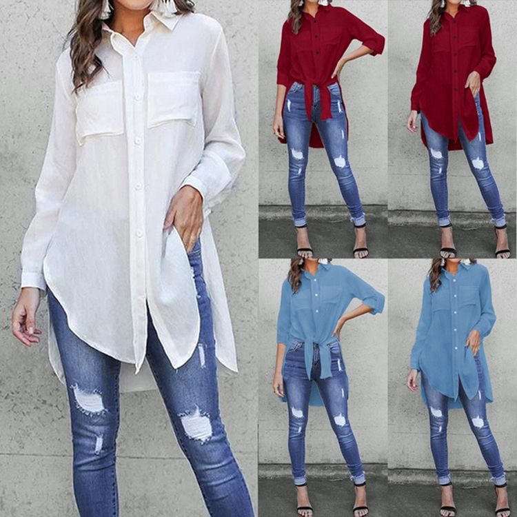 Women's spring solid split shirt