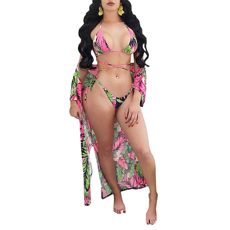 Three-piece printed cloak bikini swimsuit - Green