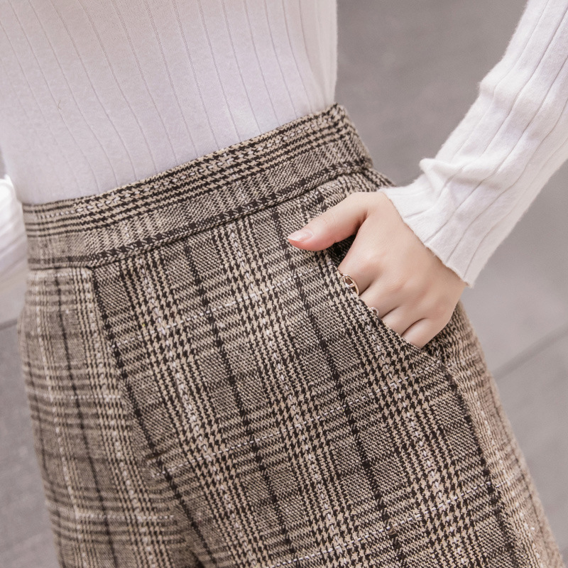 High-waist plaid woolen wide-leg pants