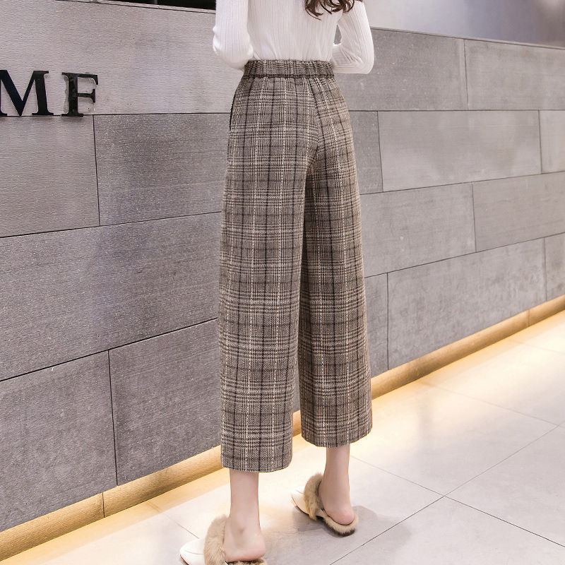 High waist plaid woolen wide leg pants Coffee - Shop at LoveMi