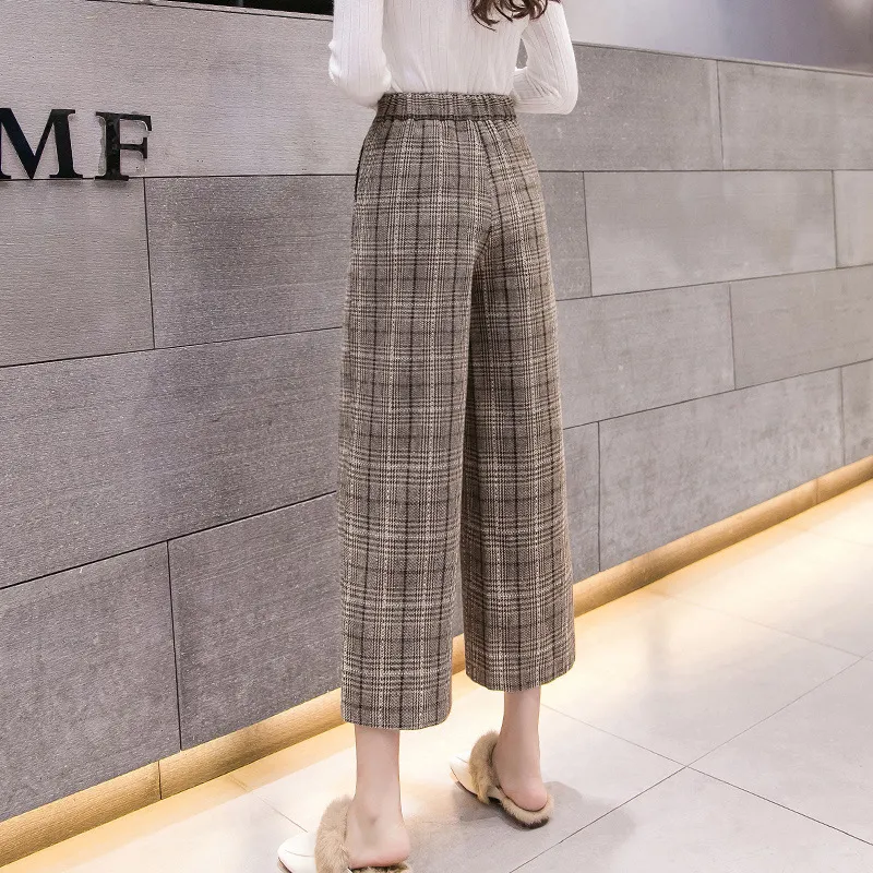 High-waist plaid woolen wide-leg pants - Coffee