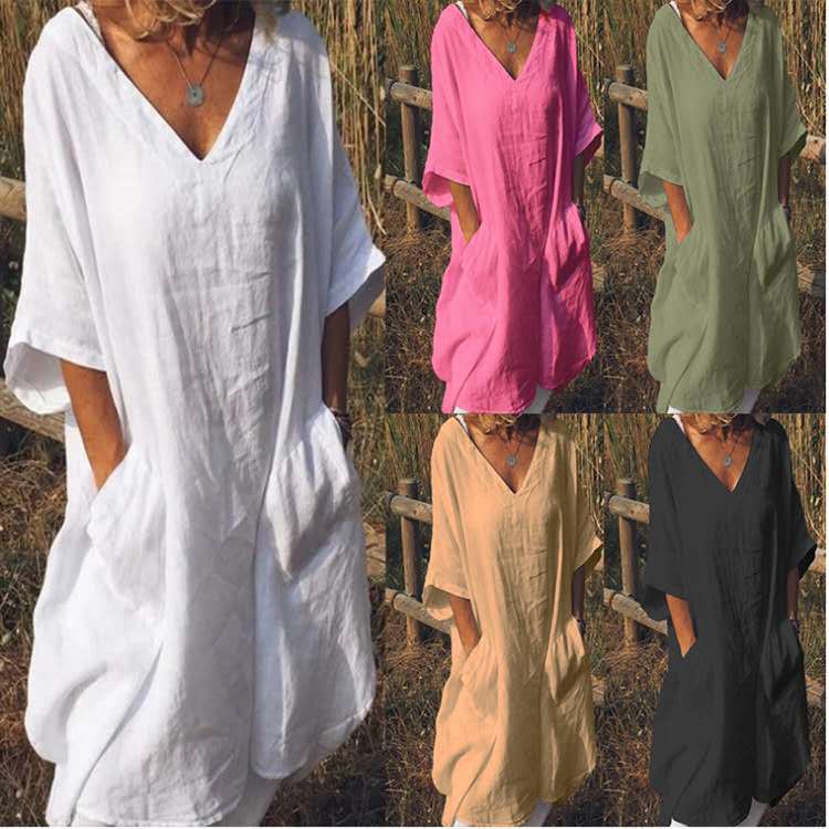 V-neck mid-sleeve pocket dress