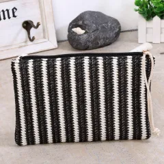 Ladies Striped Straw Clutch - Black - View 1