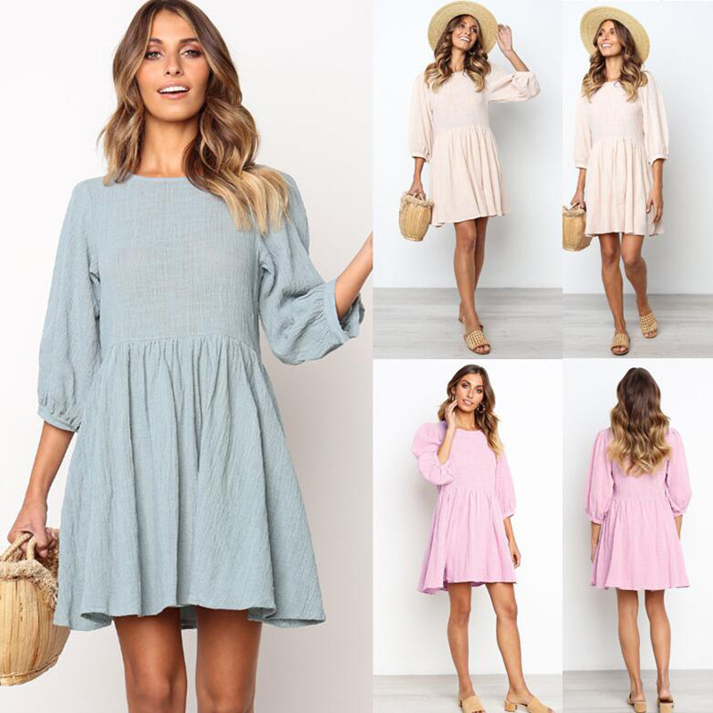 Round neck three-quarter sleeve casual dress