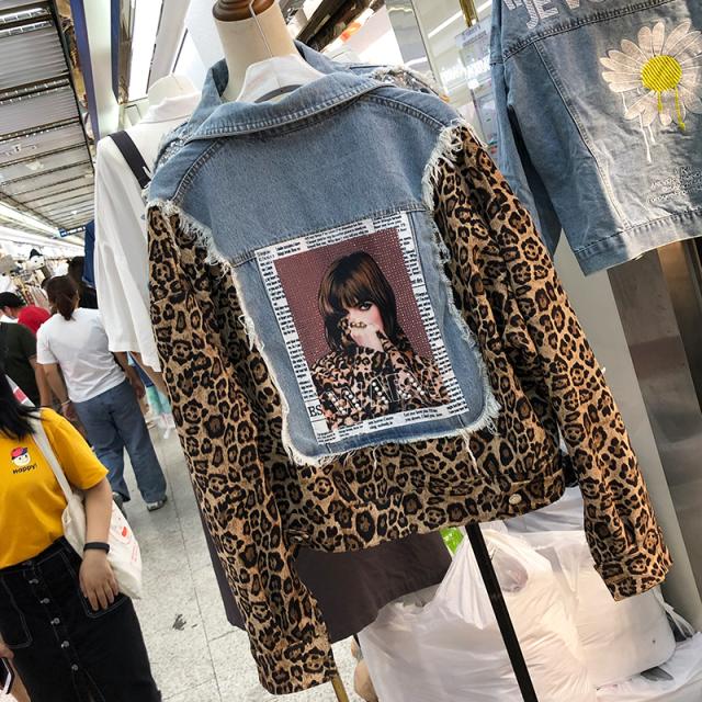 Ladies leopard stitching denim jacket