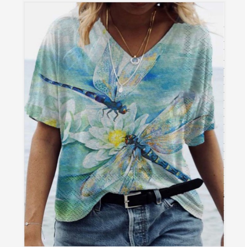 Ladies dragonfly print casual V-neck short-sleeved T-shirt