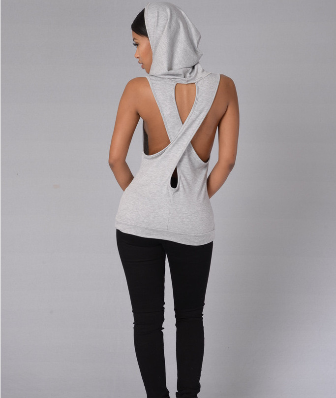 Sexy cross-over back T-shirt with pocket hood