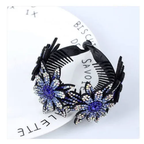 Rhinestone Flower Plate Hair Tie - Blue