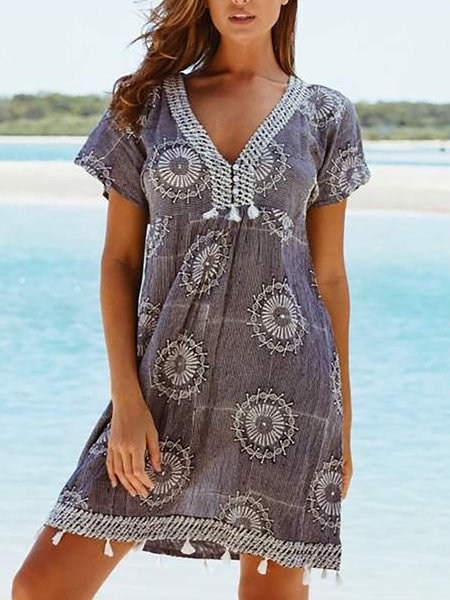 V-neck breasted fringe print stitching short sleeve dress