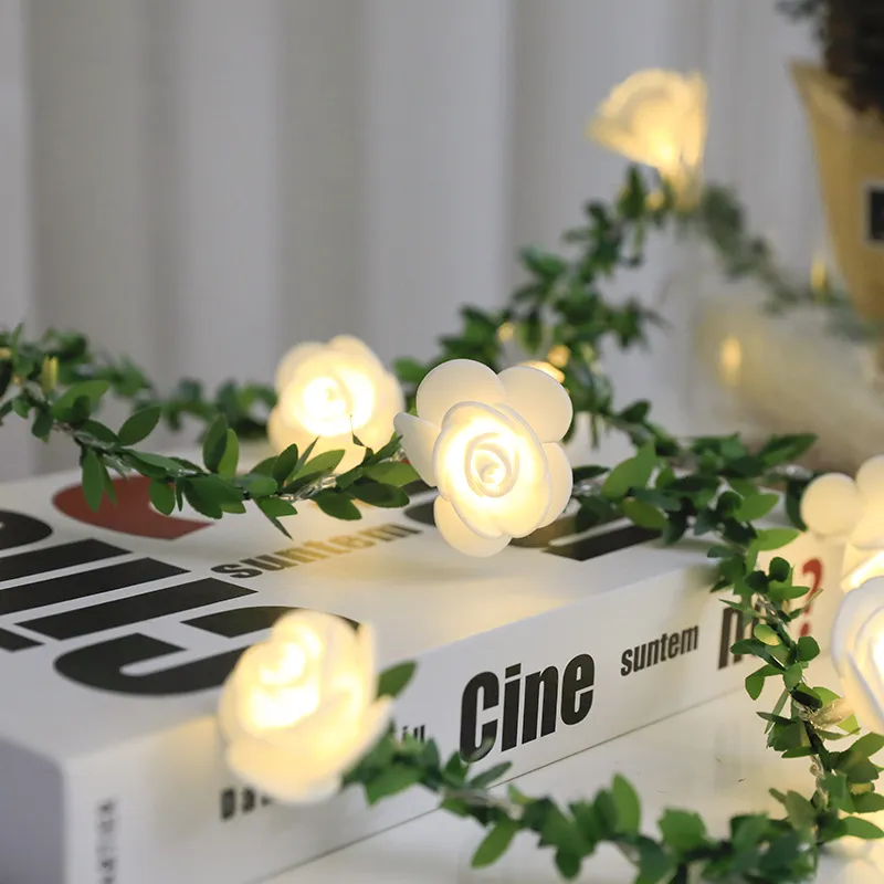 Rose Flower Vine String LED Lights Decoration Green Leaf Garland Battery USB Solar Powered Warm White Fairy Lights – image 2