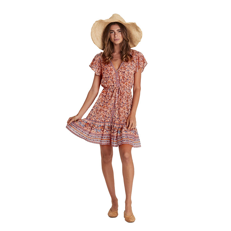 Printed single-breasted short-sleeved bohemian women's dress