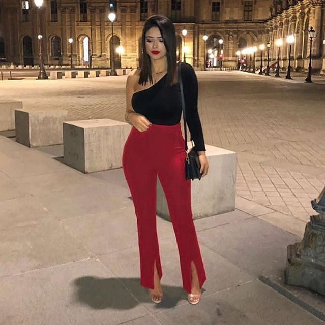 Thin pencil pants with slits Wine Red - Shop at LoveMi