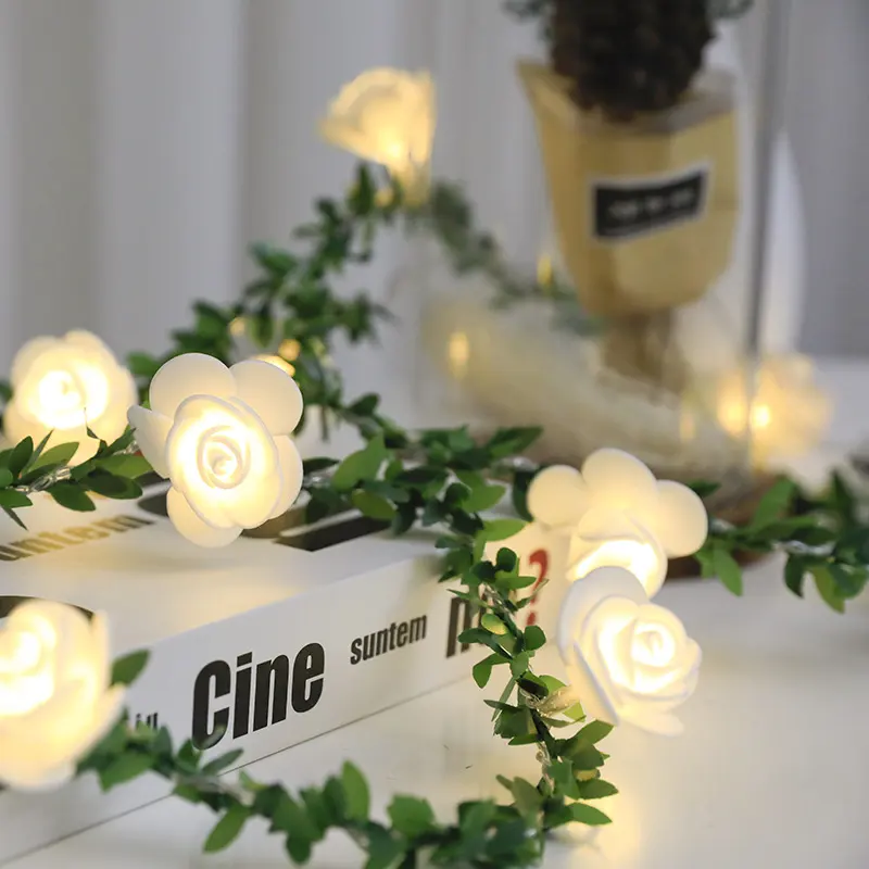 Rose Flower Vine String LED Lights Decoration Green Leaf