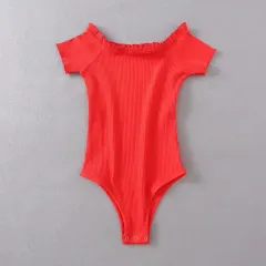 One-line collar off-shoulder wooden ear jumpsuit - Red - View 1