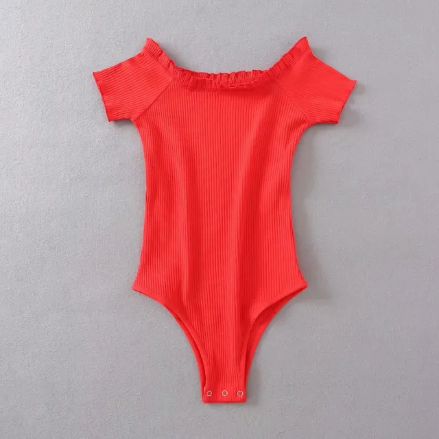 One line collar off shoulder wooden ear jumpsuit Red - Shop at LoveMi