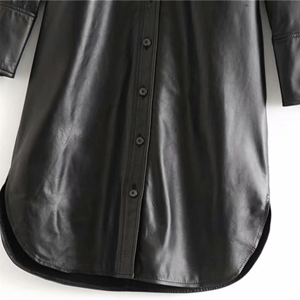 Lapel long sleeve leather shirt jacket women
