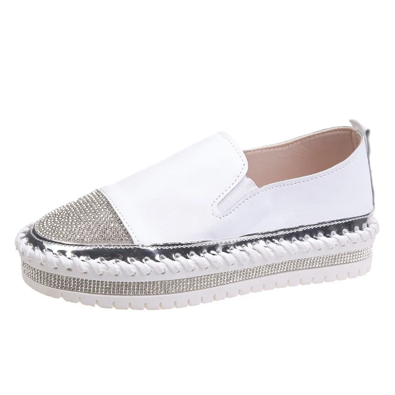 Platform flat bottom rhinestone loafers - White