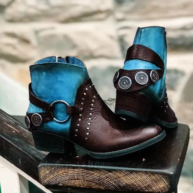 Low heel color block fashion boots Blue - Shop at LoveMi