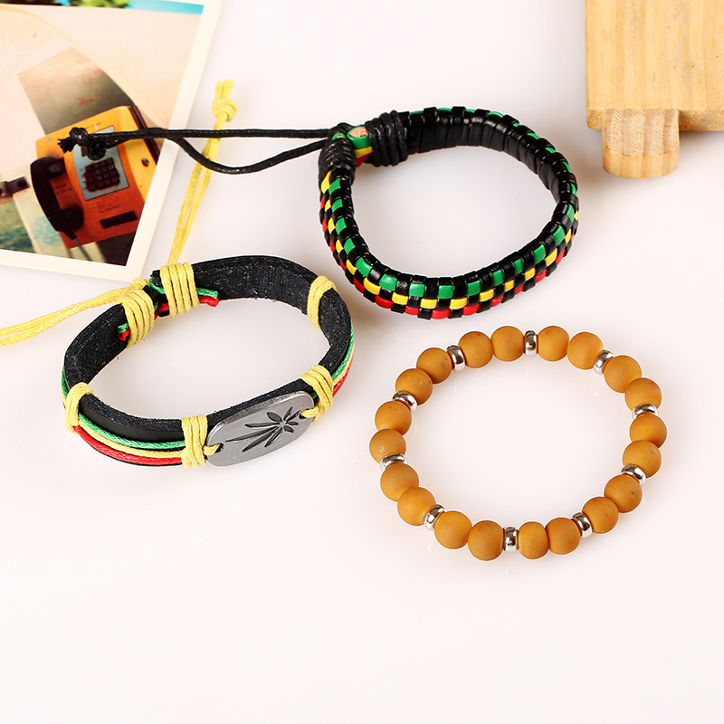 Red yellow green braided cowhide bracelet
