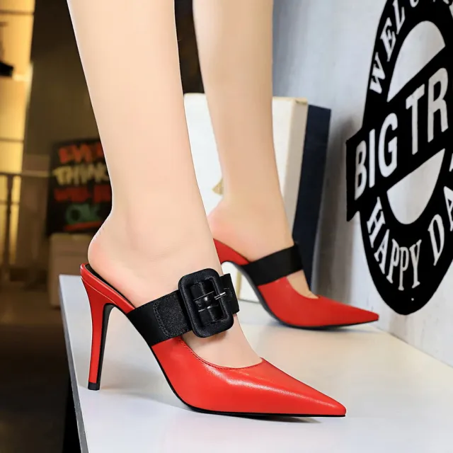 Women's slippers with belt buckle on pointed toe Red - Shop at LoveMi