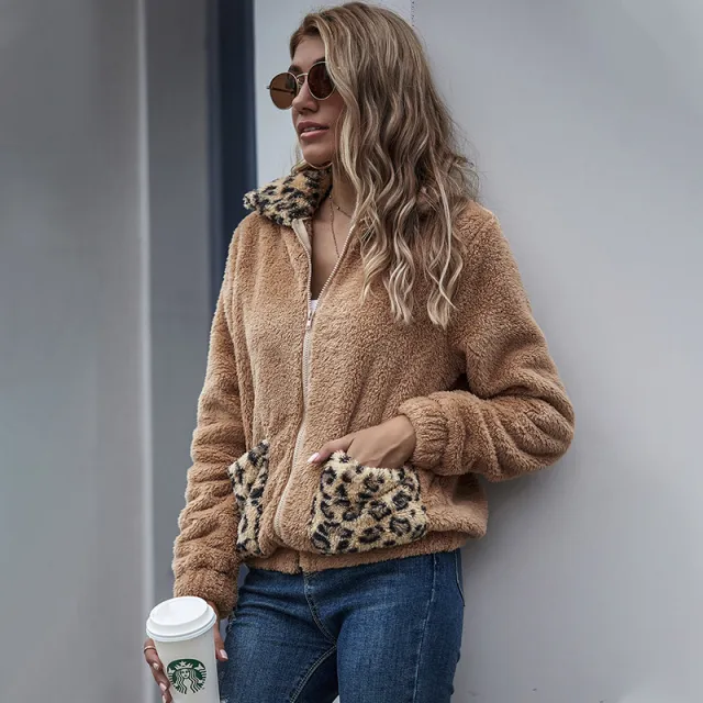 Autumn leopard patched cashmere coat Khaki - Shop at LoveMi