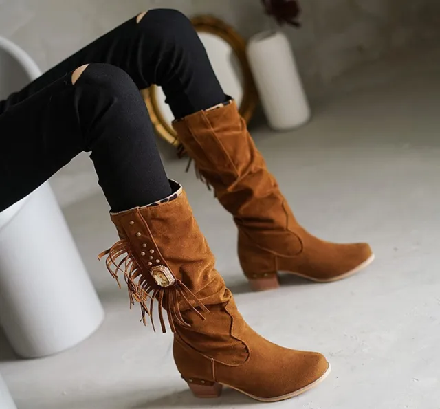 Fringed mid tube women's boots Camel - Shop at LoveMi